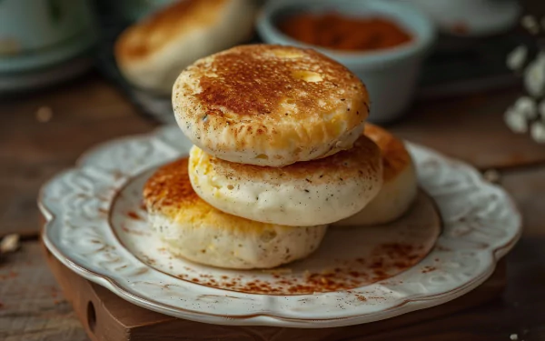Three golden-brown English muffins stacked on a decorative plate, with a bowl of spices in the background, creating a warm and inviting HD desktop wallpaper.