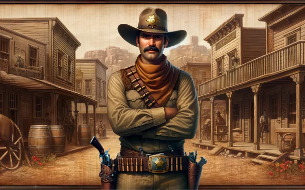 Sheriff in cowboy attire standing in Wild West town, HD desktop wallpaper and background.