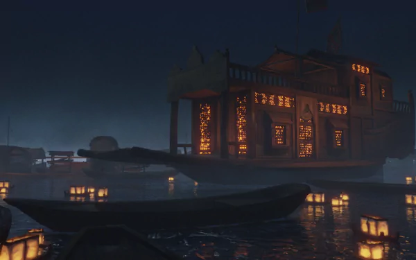 HD wallpaper featuring a scene from The Pirate Queen: A Forgotten Legend video game with an illuminated ship at night.