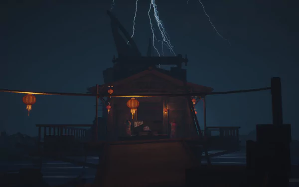 HD wallpaper of 'The Pirate Queen: A Forgotten Legend' video game featuring a ship deck scene with lightning in the background.