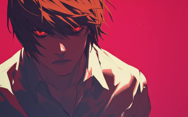 HD wallpaper featuring anime character Light Yagami from Death Note with a red background for desktop.