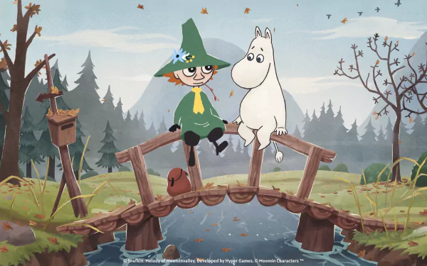 Snufkin and Moomintroll characters on a bridge in Snufkin: Melody of Moominvalley HD desktop wallpaper.