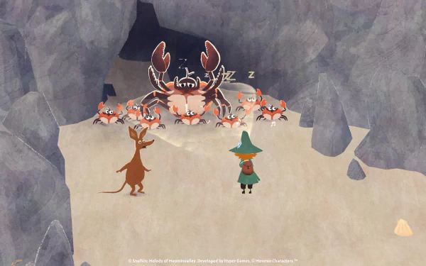 HD wallpaper featuring Snufkin from 'Snufkin: Melody of Moominvalley' video game with whimsical creatures in a stylized Moominvalley setting.