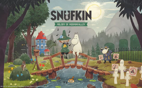 HD wallpaper of 'Snufkin: Melody of Moominvalley' video game featuring Snufkin and Moomintroll on a bridge in a lush Moominvalley scene.