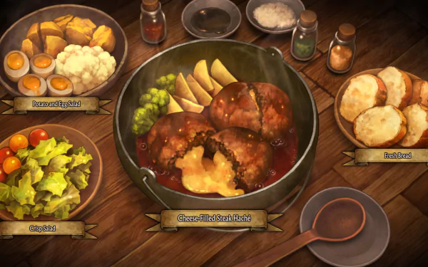 HD desktop wallpaper of a video game feast with the Unicorn Overlord theme, featuring a lavish in-game meal on a wooden table.