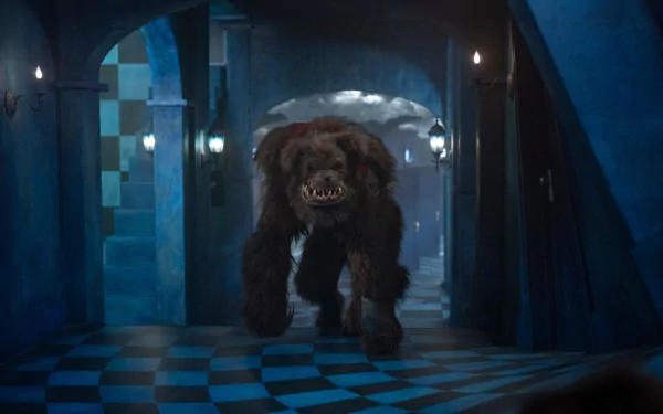 A menacing creature walks down a dimly lit, blue-tinted corridor with a checkered floor, showcasing a scene from the movie *Imaginary* (2024). Perfect HD background for fans.