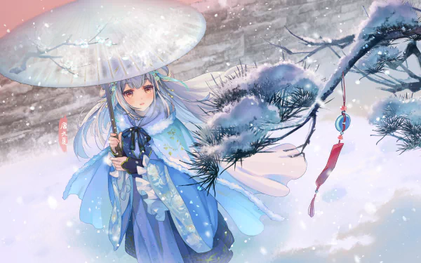 4K Ultra HD anime girl standing in a snowy landscape, holding a traditional umbrella with delicate snowflakes falling around, creating a serene and ethereal atmosphere.