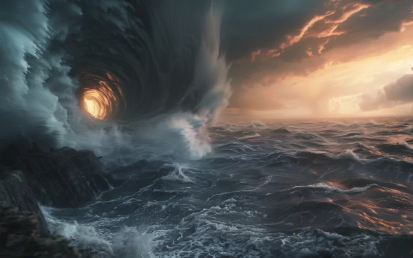 A dramatic HD desktop wallpaper featuring a swirling hurricane over turbulent seas, with dark clouds parting to reveal a glowing sunset on the horizon.