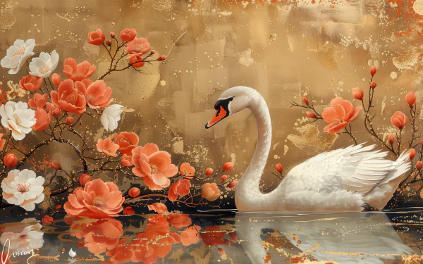 Elegant swan with floral design HD desktop wallpaper background.