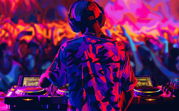 DJ performing at a live electronic music event in front of an excited crowd, perfect for HD desktop wallpaper and background.