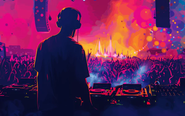 HD wallpaper of a DJ performing at an electronic music event with vibrant crowd and stage lights in the background.