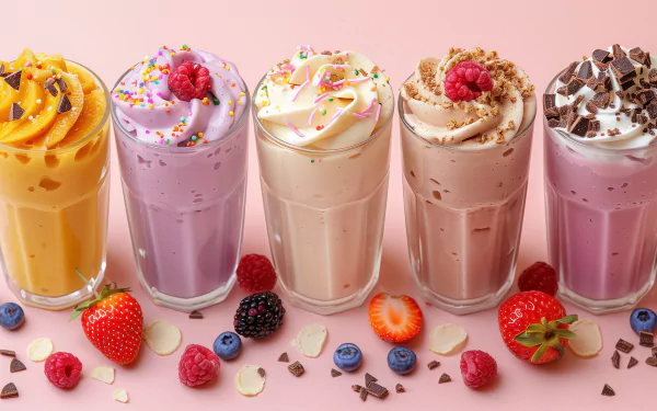 Assorted flavored milkshakes with toppings on a pink background, HD wallpaper for desktops.