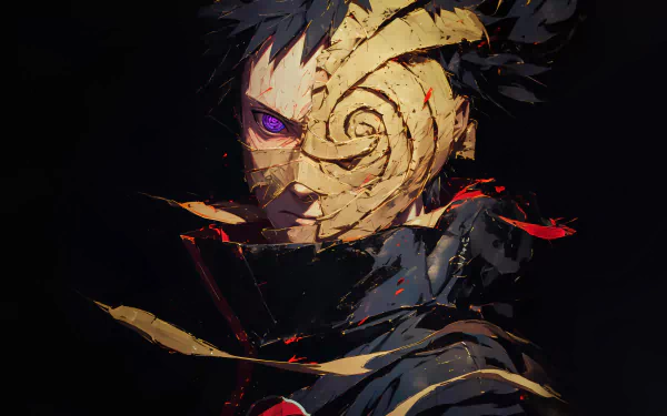 Anime character Obito Uchiha with Rinnegan eyes in a stylized HD wallpaper from Naruto series.