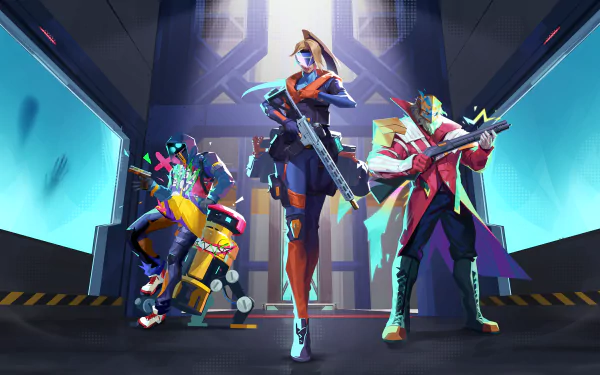 HD desktop wallpaper featuring three animated characters from the video game Riftstorm, poised for action in a futuristic corridor setting.