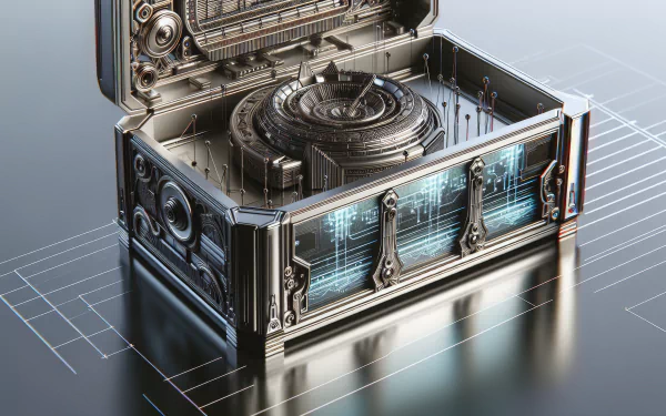 High-definition desktop wallpaper featuring a futuristic music box with intricate mechanical details and glowing blue accents.