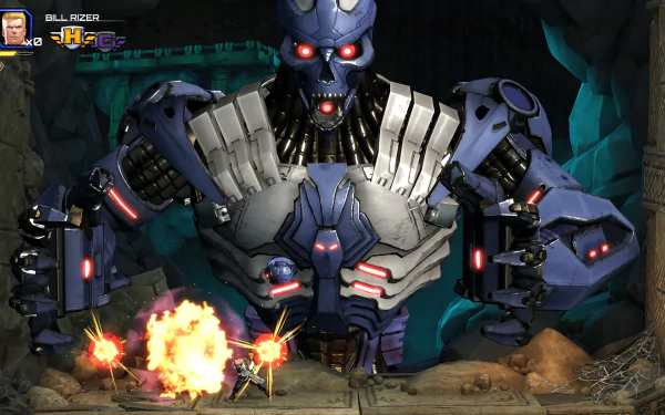 HD wallpaper of Contra: Operation C game with a character battling a large robot boss.