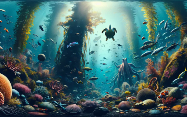 HD underwater marine life desktop wallpaper featuring a vibrant coral reef with fish, a turtle, and an octopus.