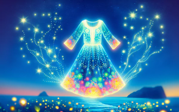 HD wallpaper of a glowing summer dress design with a magical, starlit background.
