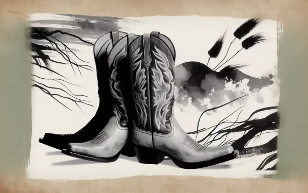 HD wallpaper featuring an artistic illustration of cowboy boots with elegant designs, set against a backdrop with brushstroke-style imagery suggestive of a Western scene.