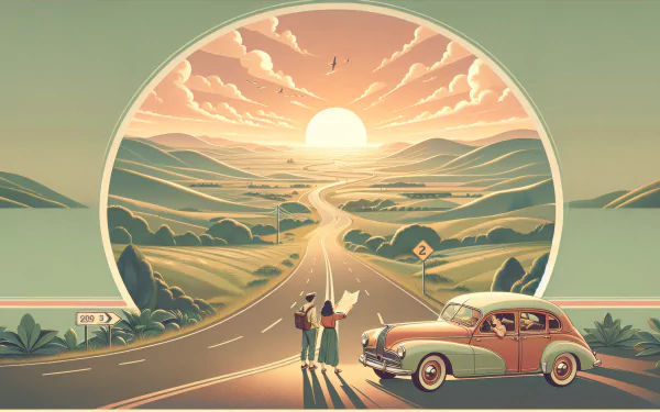 HD wallpaper featuring a vintage road trip scene with a classic car and travelers on a picturesque countryside road at sunset.