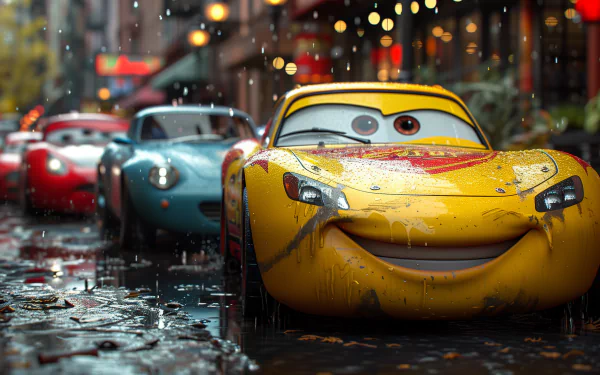 HD wallpaper featuring a smiling yellow animated car character on a rainy street with other colorful cars in the background.