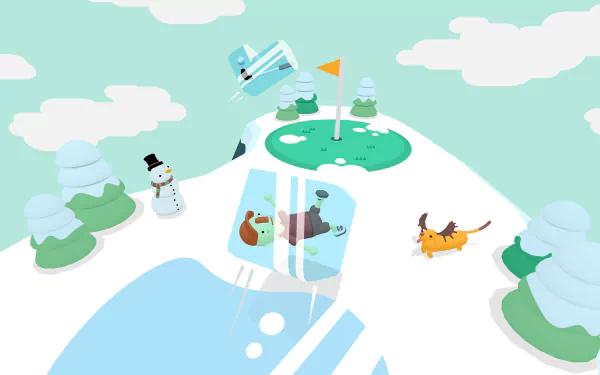 A colorful HD wallpaper from the video game What the Golf? featuring whimsical characters, snowmen, and a fun mini-golf scene set against a bright sky.