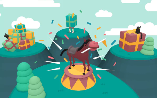 HD desktop wallpaper featuring a whimsical scene from the video game 'What the Golf?' with a horse on a platform and cartoonish hilltops.