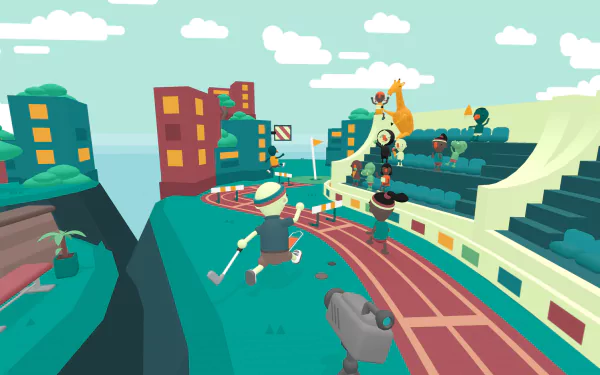HD wallpaper featuring a quirky 'What the Golf?' game scene with cartoonish characters and a whimsical golf course design.