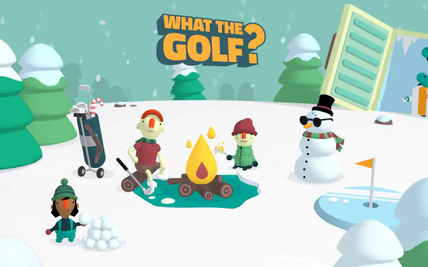 HD desktop wallpaper featuring a whimsical scene from the video game What the Golf?, with cartoonish characters, a snowman, and a campfire on a snowy golf course.