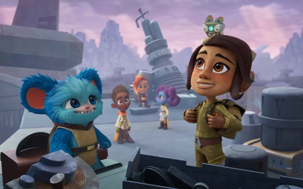 A vibrant HD wallpaper from Star Wars: Young Jedi Adventures featuring cheerful characters exploring a captivating landscape filled with futuristic debris.