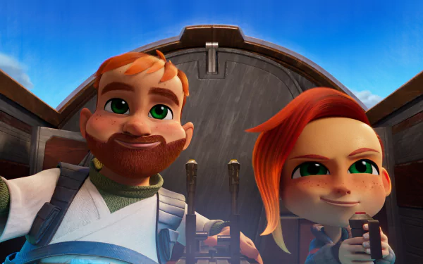 HD desktop wallpaper from Star Wars: Young Jedi Adventures featuring two animated characters smiling in front of a starship hatch.