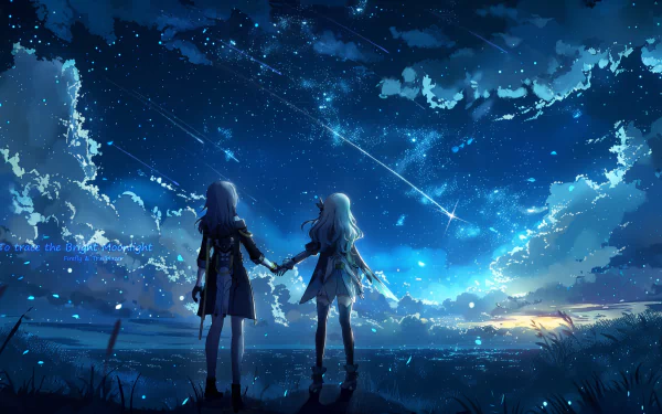 HD PC wallpaper featuring Stelle and Firefly from Honkai: Star Rail, standing hand in hand under a starry night sky with shooting stars and glowing clouds.