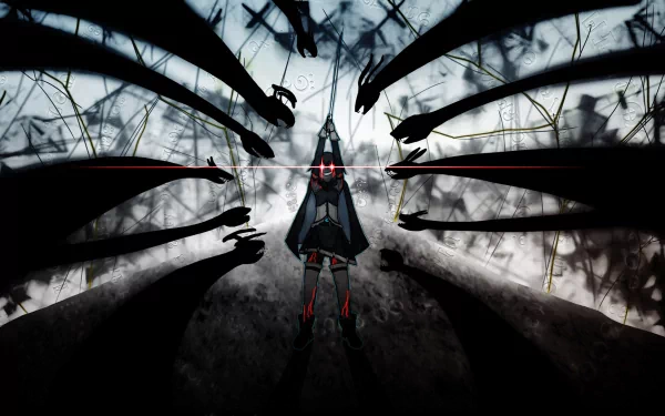 A striking HD wallpaper of Sayaka Miki from *Puella Magi Madoka Magica*, depicting her surrounded by ominous shadows in a dramatic, dark atmosphere.