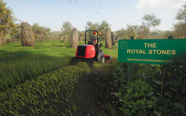 HD wallpaper featuring a lawn mower in action from Lawn Mowing Simulator, with a scenic background and 'The Royal Stones' sign.