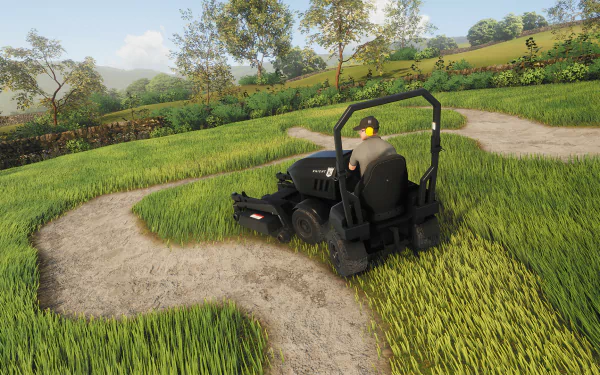 HD wallpaper featuring a scene from Lawn Mowing Simulator video game with a character operating a lawn mower on a lush green lawn, creating neat tracks behind.