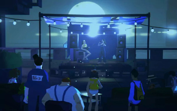 A vibrant HD wallpaper from the video game Highwater, featuring a lively performance on stage under glowing blue lights, with an audience enjoying the scene in a captivating setting.