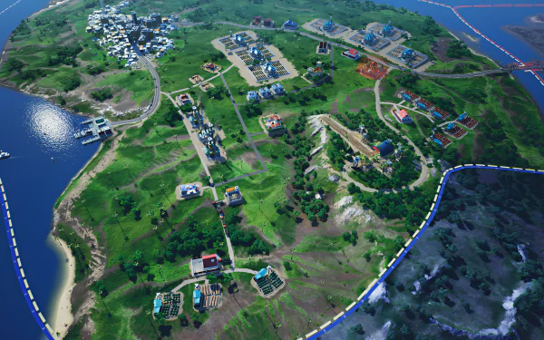 HD desktop wallpaper featuring an aerial view of a vibrant, sprawling in-game estate from the video game Cartel Tycoon, with strategic points and structures set amidst lush green terrain and coastal areas.