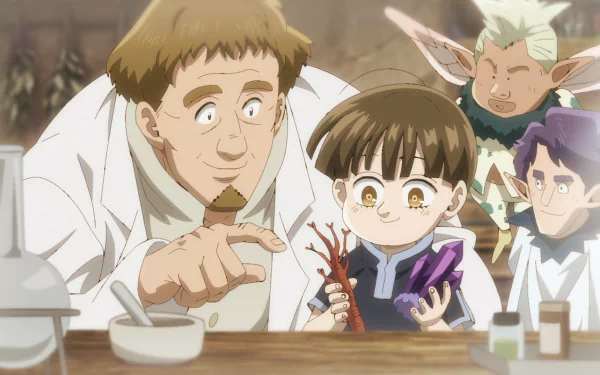 HD wallpaper of a scene from The Seven Deadly Sins: Four Knights of the Apocalypse anime, featuring a character in a lab coat with a young child and magical creatures in a cozy workshop setting.
