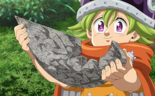 Anime character from The Seven Deadly Sins: Four Knights of the Apocalypse holding a large sword shard as HD desktop wallpaper.