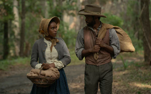 HD wallpaper from Manhunt (2024) TV show featuring two characters in period costumes standing in a forest setting.