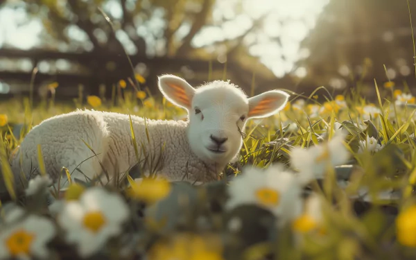 A serene lamb rests among vibrant flowers in a sunlit field, capturing the essence of nature's beauty in this HD desktop wallpaper and background.