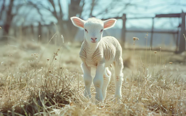 A charming lamb stands in a grassy field, with soft sunlight illuminating its wool. This HD desktop wallpaper captures the innocence and beauty of springtime on a farm.