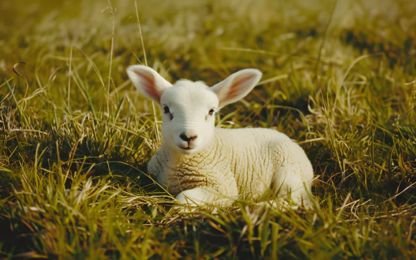 A serene lamb rests in a lush green field, creating a peaceful HD desktop wallpaper and background that captures the essence of nature.