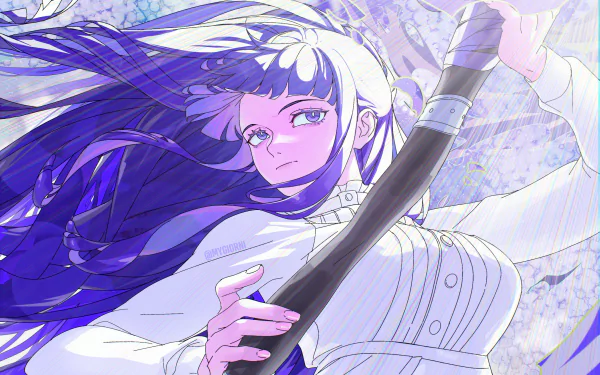 Anime desktop wallpaper of Fern from Frieren: Beyond Journey's End — close-up of Fern with flowing purple hair, holding a staff, 2K Quad HD PC desktop background.