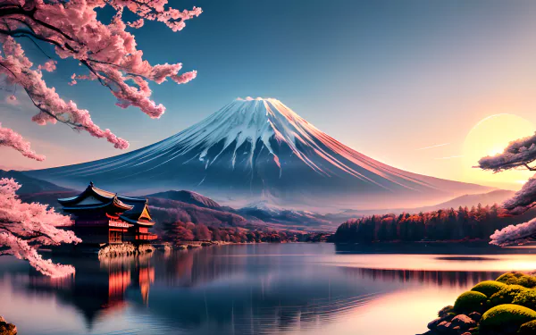 Mount Fuji lake cherry blossom landscape reflection HD Desktop Wallpaper | Background Image