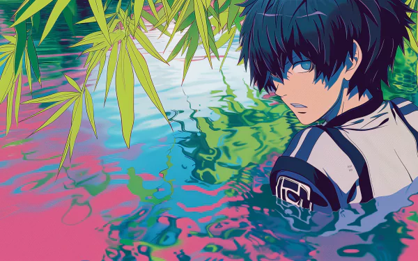 HD desktop wallpaper of Isagi Yoichi, animated character, with a vibrant backdrop of lush green leaves and reflective water.