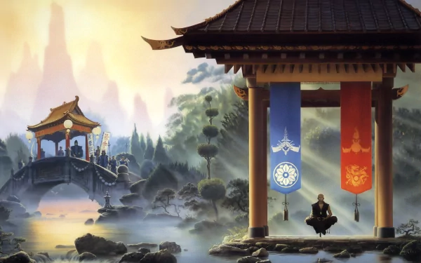 A serene Japanese landscape featuring a monk meditating under a traditional pavilion, surrounded by misty mountains and tranquil waters, creating a fantasy-inspired atmosphere.