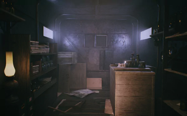 HD desktop wallpaper from the video game Peaky Blinders: The King's Ransom, featuring a dimly lit room with shelves, a dresser, and an old lamp, creating a moody atmosphere.
