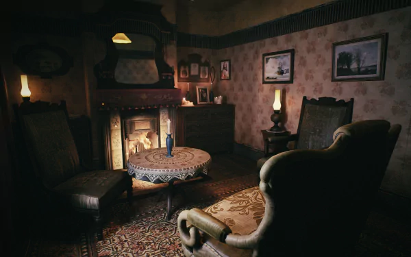 HD desktop wallpaper featuring a vintage room from the video game Peaky Blinders: The King's Ransom, with a cozy fireplace, antique furniture, and ambient lighting.