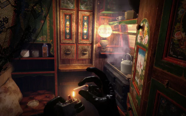 A captivating HD desktop wallpaper from the video game Peaky Blinders: The King's Ransom, featuring a dimly lit room with detailed wooden shelves and mysterious atmosphere.